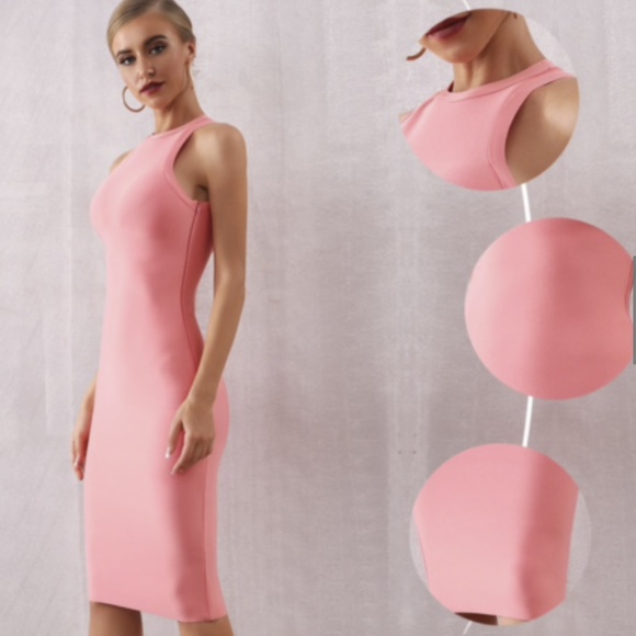 NEW! PINK PEACH CORAL HIGH NECK BANDAGE DRESS - Picture 8 of 14